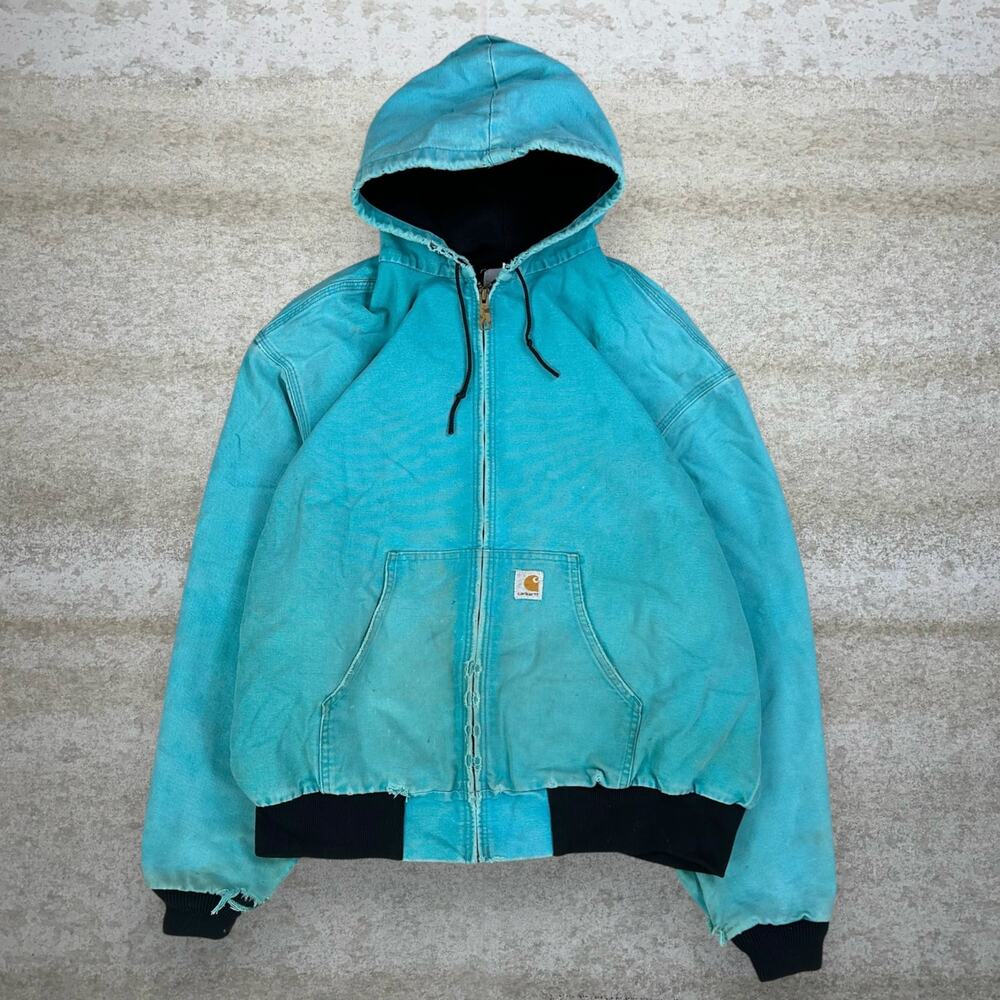 Vintage 90s Carhartt Jacket Mens L Light Blue Cotton Canvas Mesh Lined Hooded